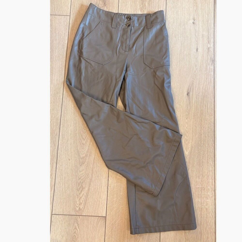 Anthropologie Maeve The Naomi Vegan Leather Wide Leg Flare Pants Taupe Gray Size - Picture 4 of 6